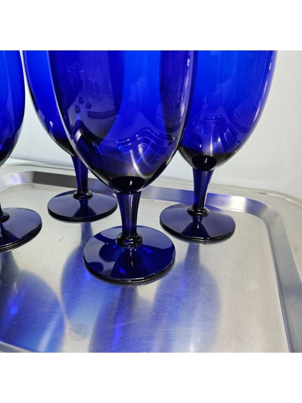 4 Pier 1 Cobalt Blue Ice Tea Glasses 7" water goblets 16oz vintage elegant - Picture 3 of 6
